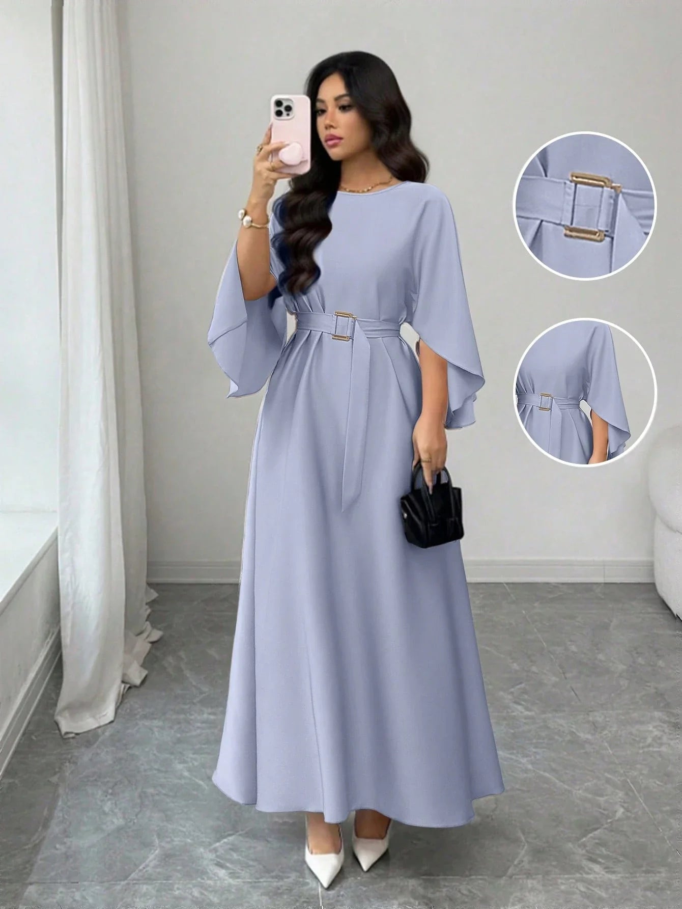 Elegant Refined Commute & Casual Batwing Sleeve Cinched Waist Dress shein