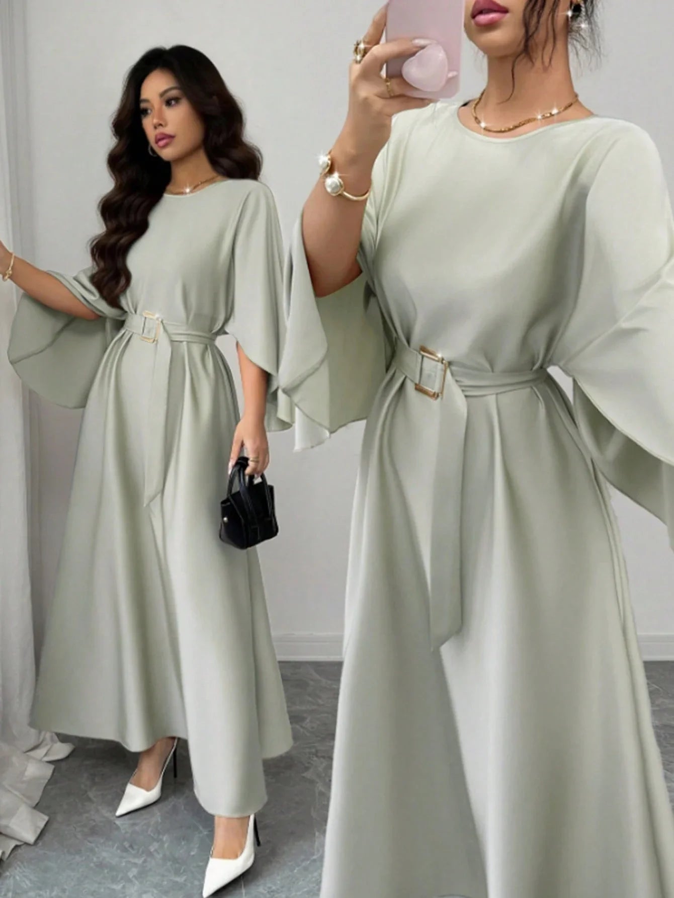 Elegant Refined Commute & Casual Batwing Sleeve Cinched Waist Dress shein