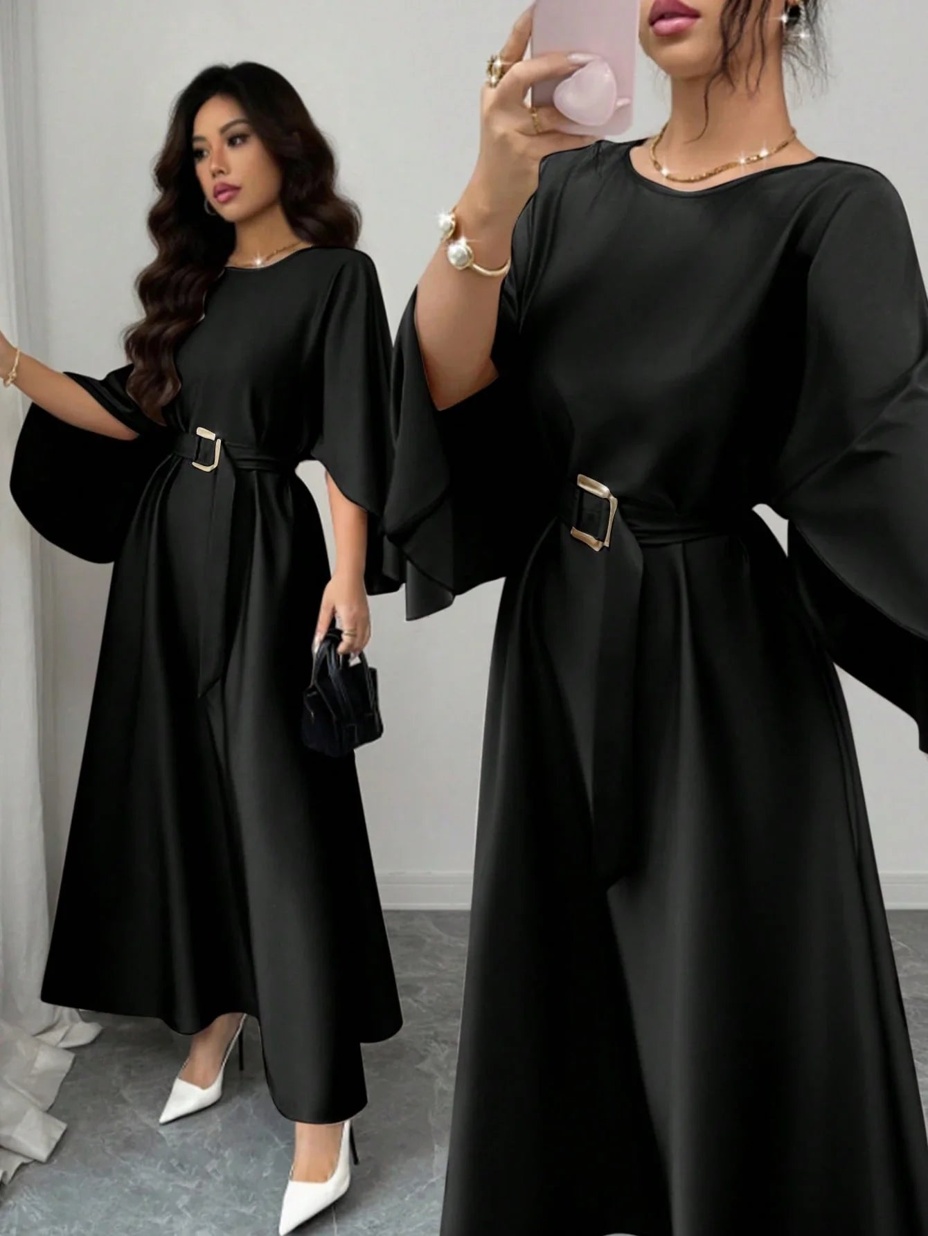 Elegant Refined Commute & Casual Batwing Sleeve Cinched Waist Dress shein