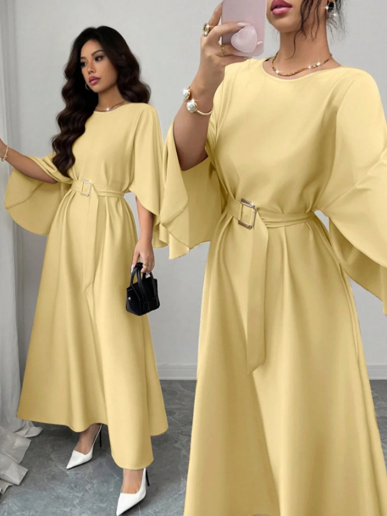 Elegant Refined Commute & Casual Batwing Sleeve Cinched Waist Dress shein