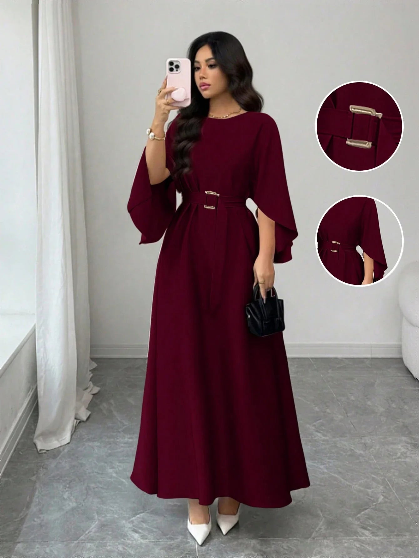 Elegant Refined Commute & Casual Batwing Sleeve Cinched Waist Dress shein