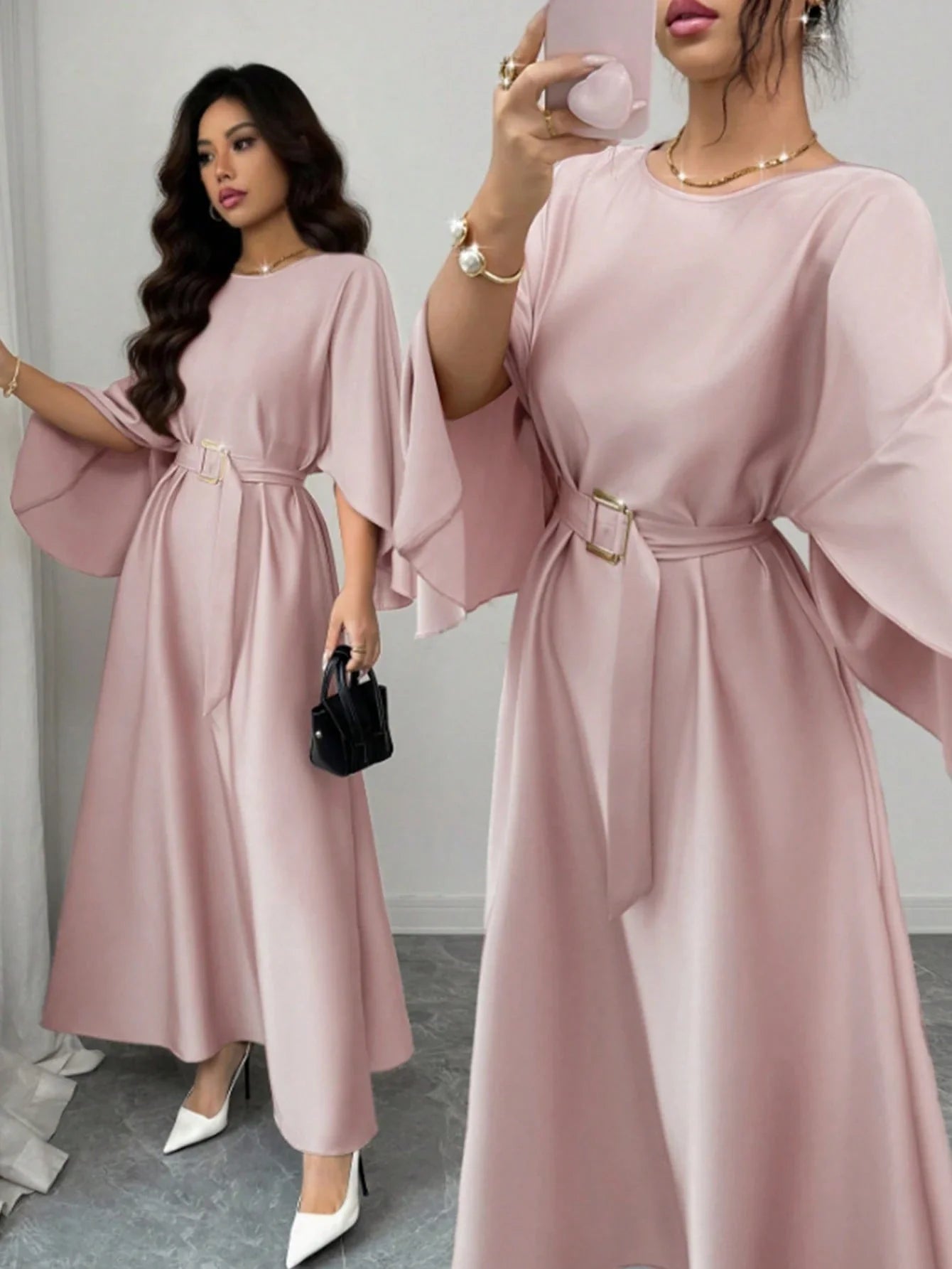 Elegant Refined Commute & Casual Batwing Sleeve Cinched Waist Dress shein