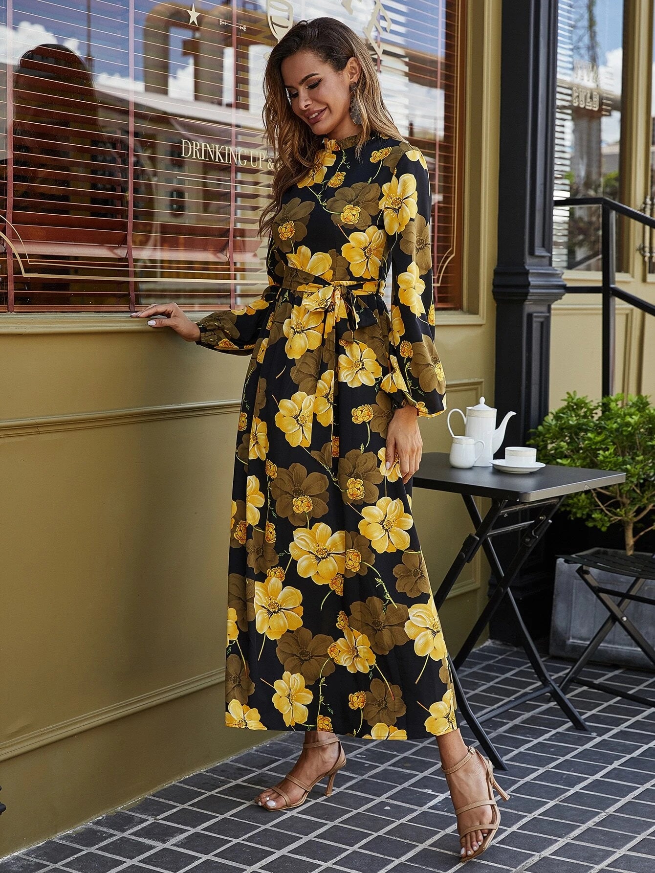 Floral Print Belted Maxi Dress shein