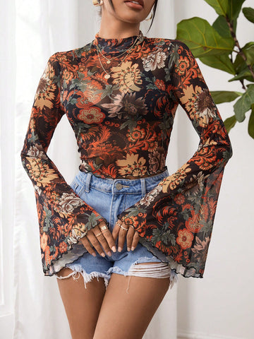 Floral Print Mock Neck Trumpet Sleeve Sheer Crop Mesh Summer Women Beach Boho Top