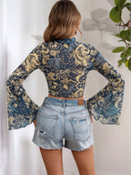 Floral Print Mock Neck Trumpet Sleeve Sheer Crop Mesh Summer Women Beach Boho Top shein
