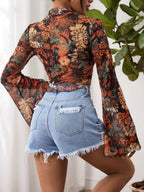 Floral Print Mock Neck Trumpet Sleeve Sheer Crop Mesh Summer Women Beach Boho Top shein