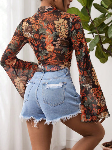 Floral Print Mock Neck Trumpet Sleeve Sheer Crop Mesh Summer Women Beach Boho Top