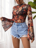 Floral Print Mock Neck Trumpet Sleeve Sheer Crop Mesh Summer Women Beach Boho Top shein