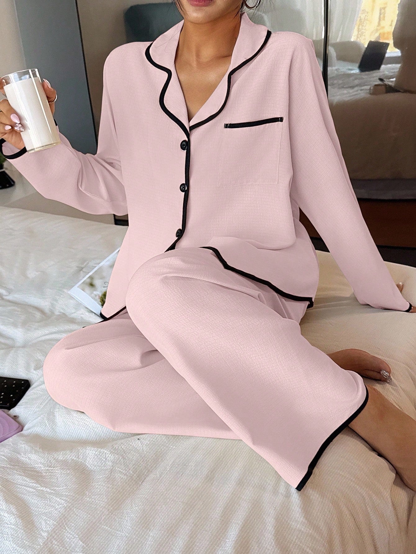 Dream Adore Women's Contrast Trim Lapel Loose Long Sleeve Pajama Set