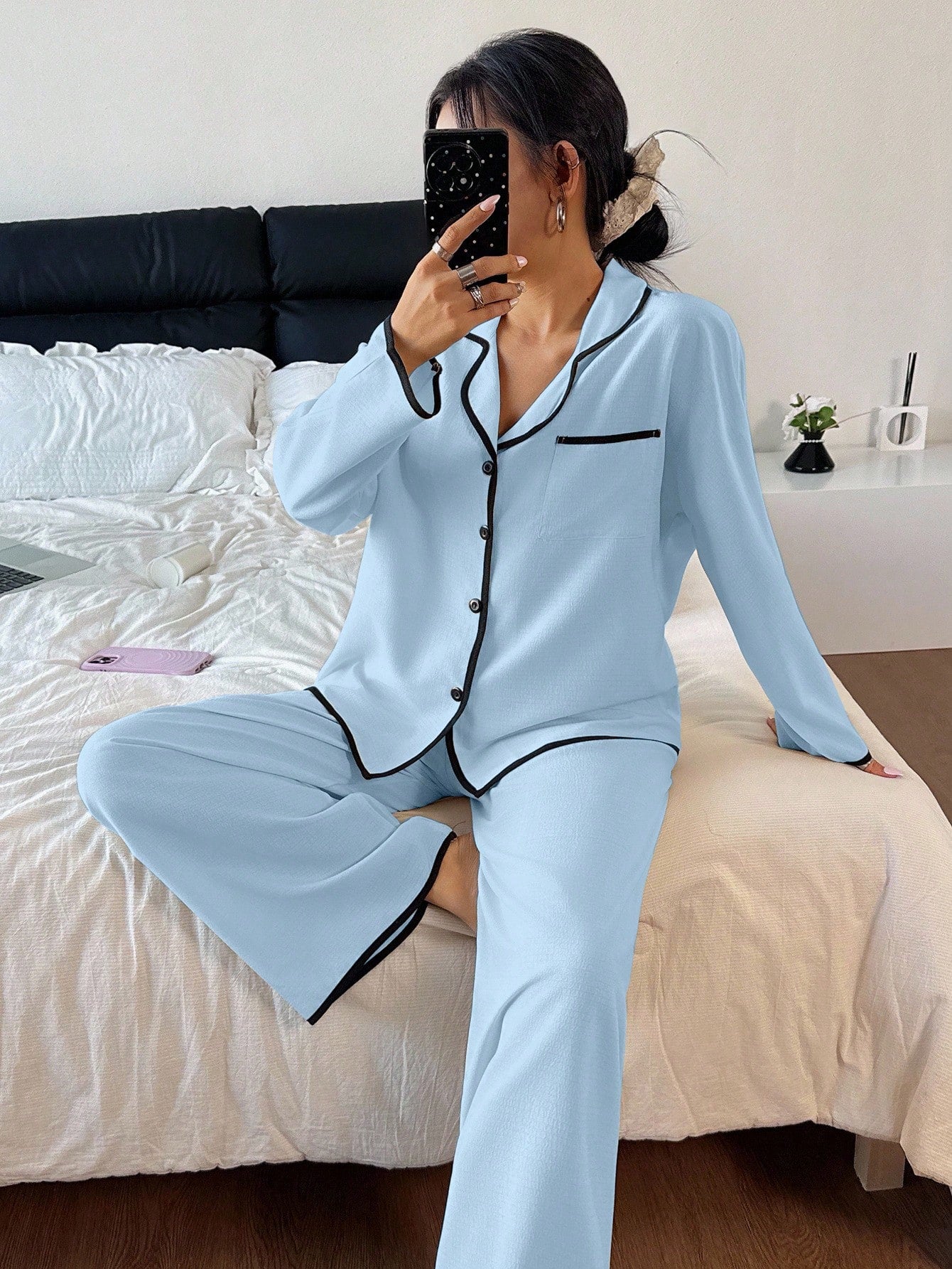 Dream Adore Women's Contrast Trim Lapel Loose Long Sleeve Pajama Set