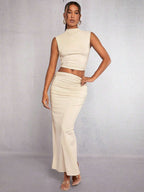 Mock Neck Crop Tank Top & Ruched Skirt shein