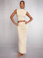 Mock Neck Crop Tank Top & Ruched Skirt shein