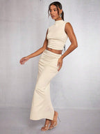 Mock Neck Crop Tank Top & Ruched Skirt shein