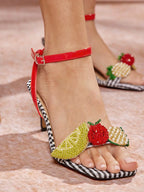 Ladies Kitten Heel Slingback Sandals With Fruit Ornamentations shein