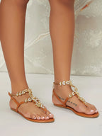 SHUZIA Rhinestone Jewels T Strap With Chain Flat Sandals shein