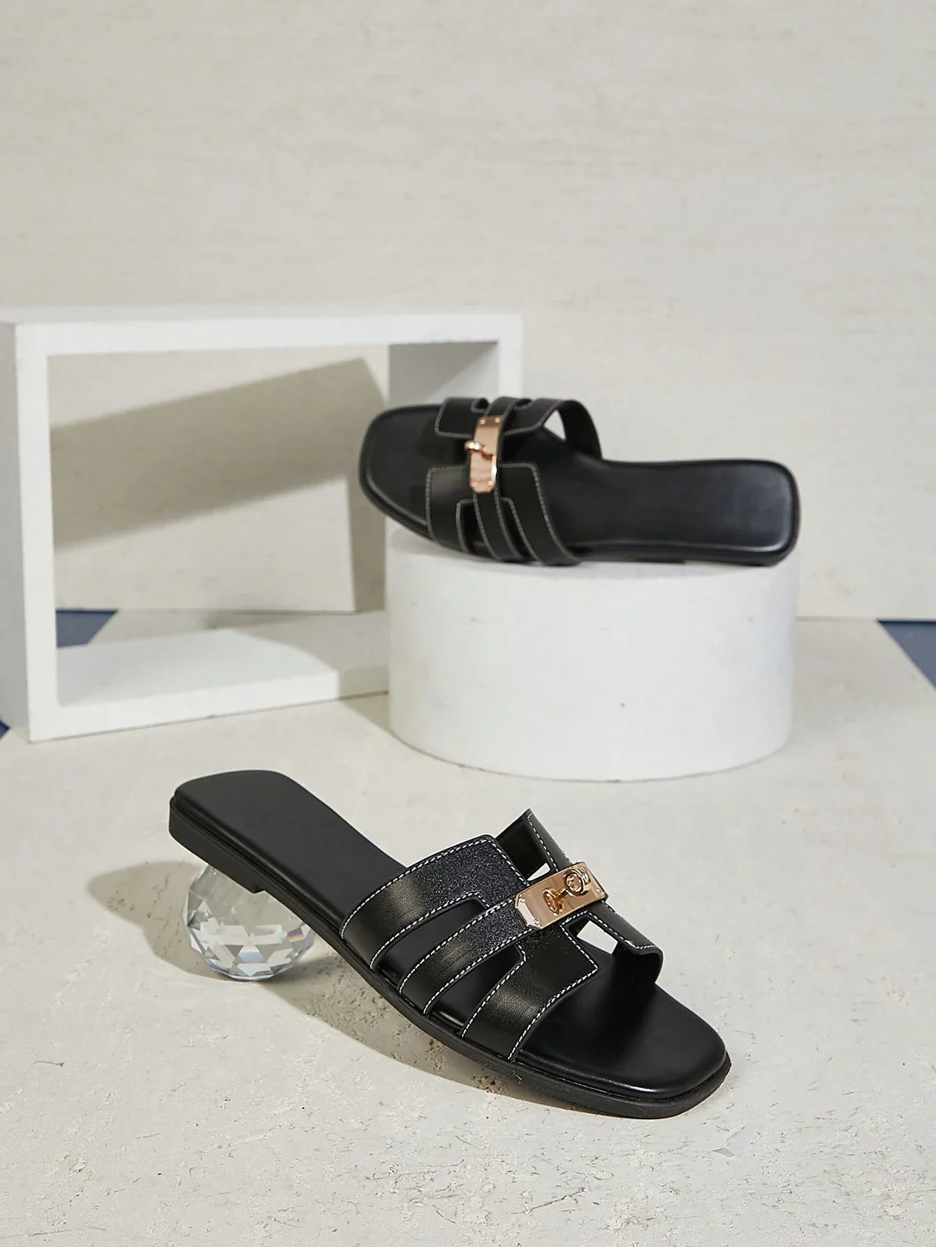Women's Luxury Gold Lock Stitching Detail Square Toe Flat shein