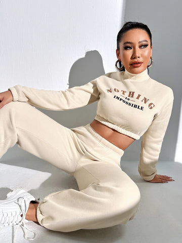 SXY Letter Graphic Mock Neck Crop Top & Sweatpants shein