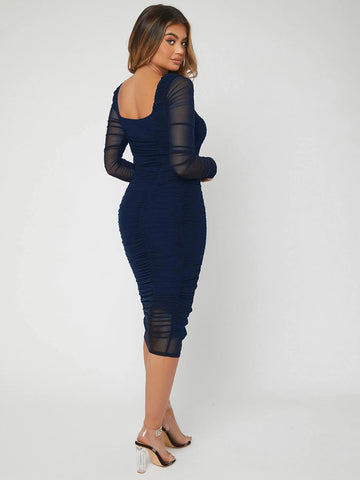 SXY Ruched Mesh Bodycon Dress shein