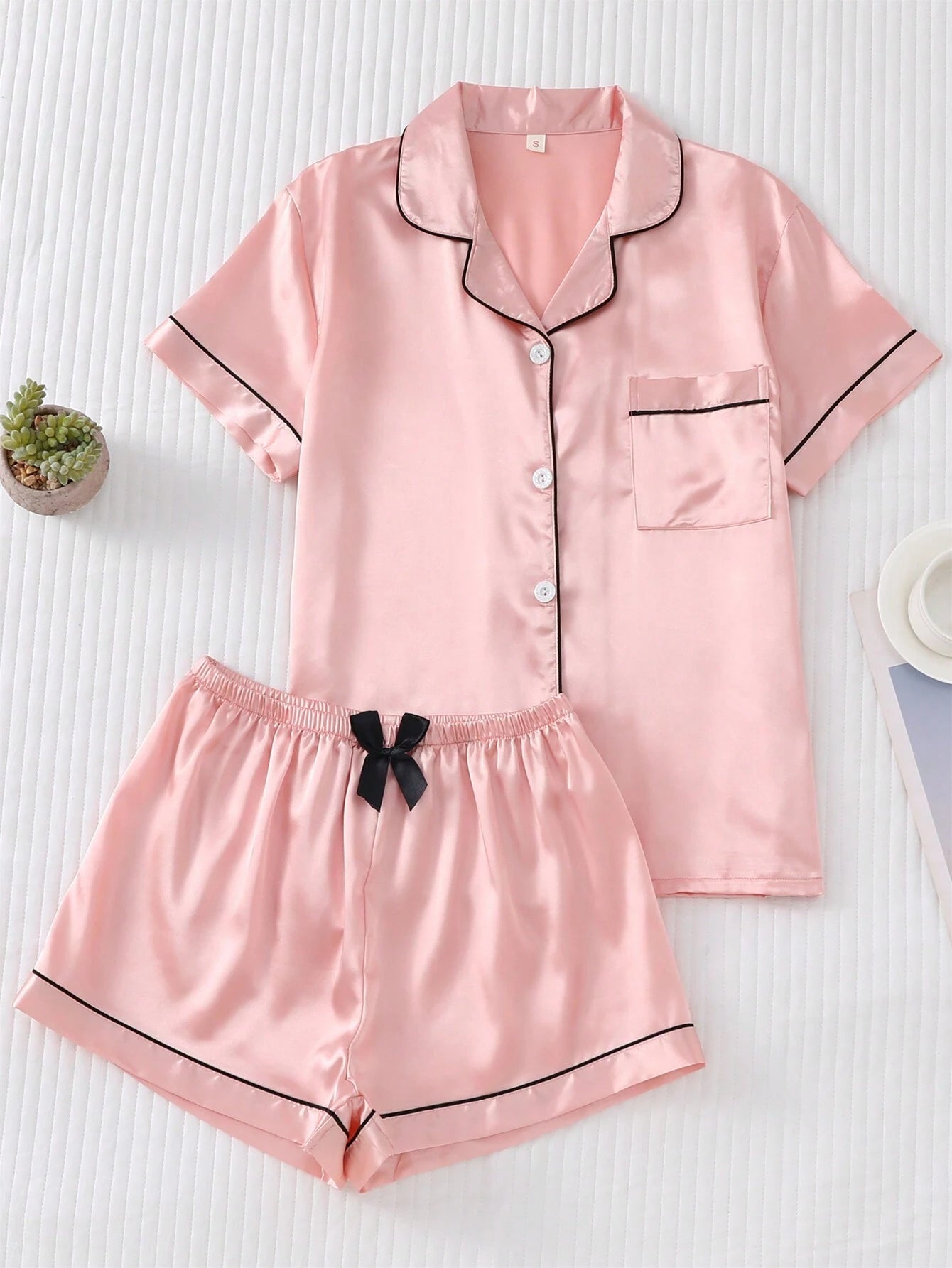 Satin Pajama Set For Women, Short Sleeved Turn-down Collar Top And Bowknot Shorts shein