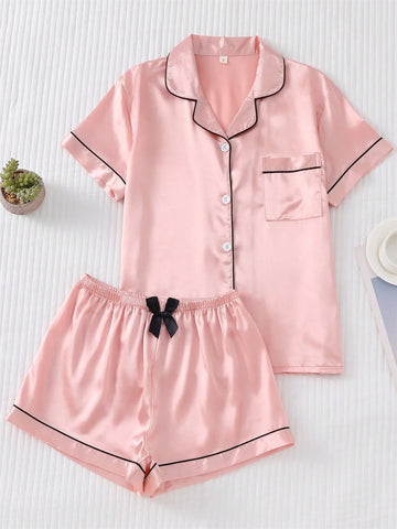 Satin Pajama Set For Women, Short Sleeved Turn-down Collar Top And Bowknot Shorts shein