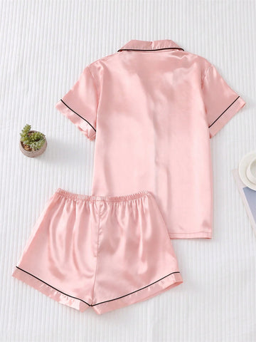 Satin Pajama Set For Women, Short Sleeved Turn-down Collar Top And Bowknot Shorts shein