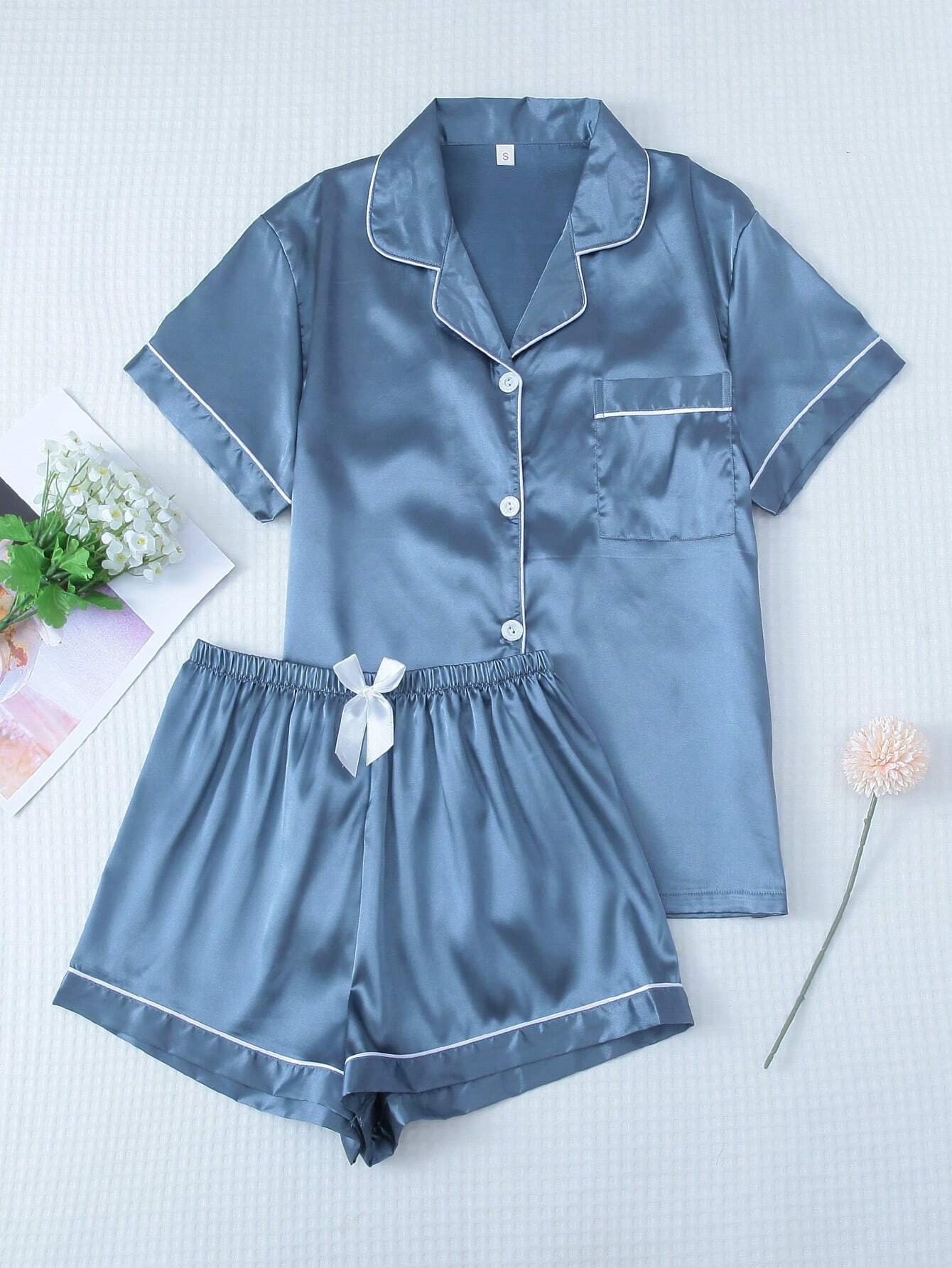 Satin Pajama Set For Women, Short Sleeved Turn-down Collar Top And Bowknot Shorts shein