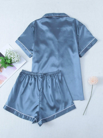 Satin Pajama Set For Women, Short Sleeved Turn-down Collar Top And Bowknot Shorts shein