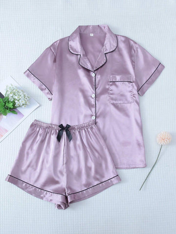 Satin Pajama Set For Women, Short Sleeved Turn-down Collar Top And Bowknot Shorts shein