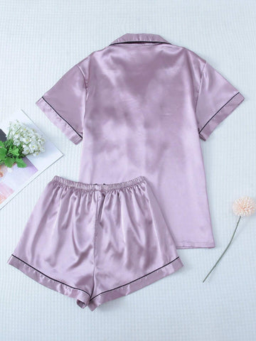 Satin Pajama Set For Women, Short Sleeved Turn-down Collar Top And Bowknot Shorts shein