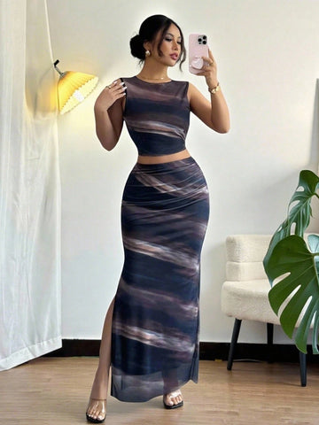 Women Elegant Leopard Print Sleeveless Tank And Mini Skirt