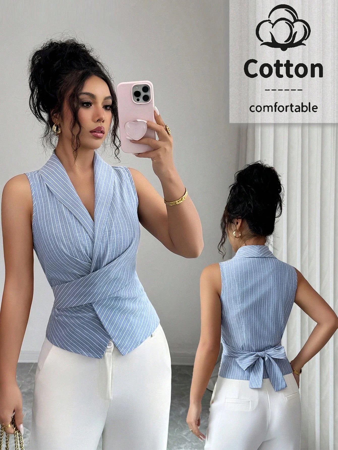 Women's Sleeveless V-Neck Tie Waist Bow Elegant Blouse shein