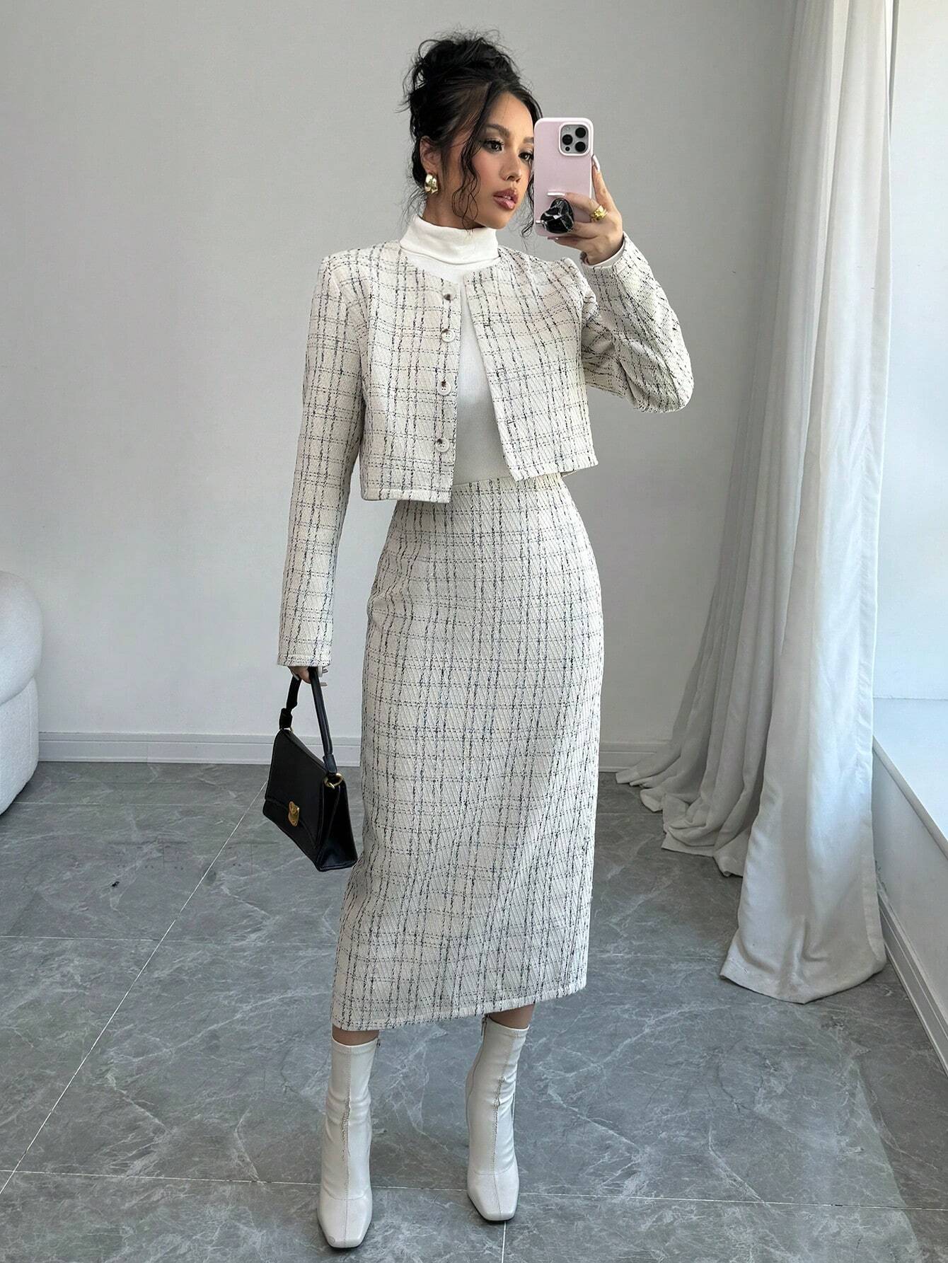 Selianne Elegant Plaid Short Jacket And Mini Skirt