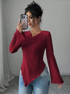 Elegant Ribbed Solid Color Asymmetric Hem Flare Sleeve T-Shirt shein