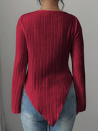 Elegant Ribbed Solid Color Asymmetric Hem Flare Sleeve T-Shirt shein