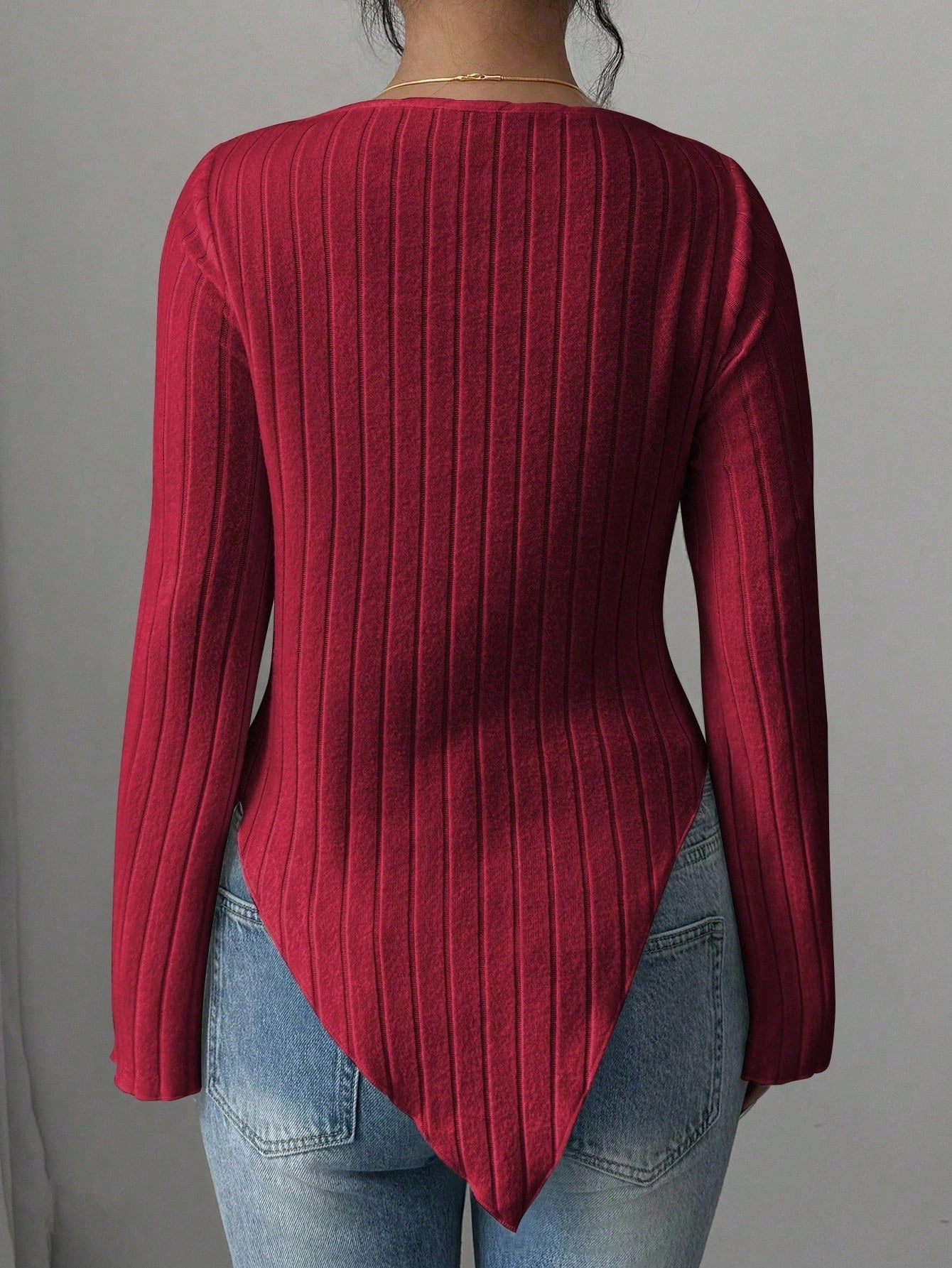 Elegant Ribbed Solid Color Asymmetric Hem Flare Sleeve T-Shirt shein