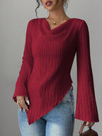 Elegant Ribbed Solid Color Asymmetric Hem Flare Sleeve T-Shirt shein