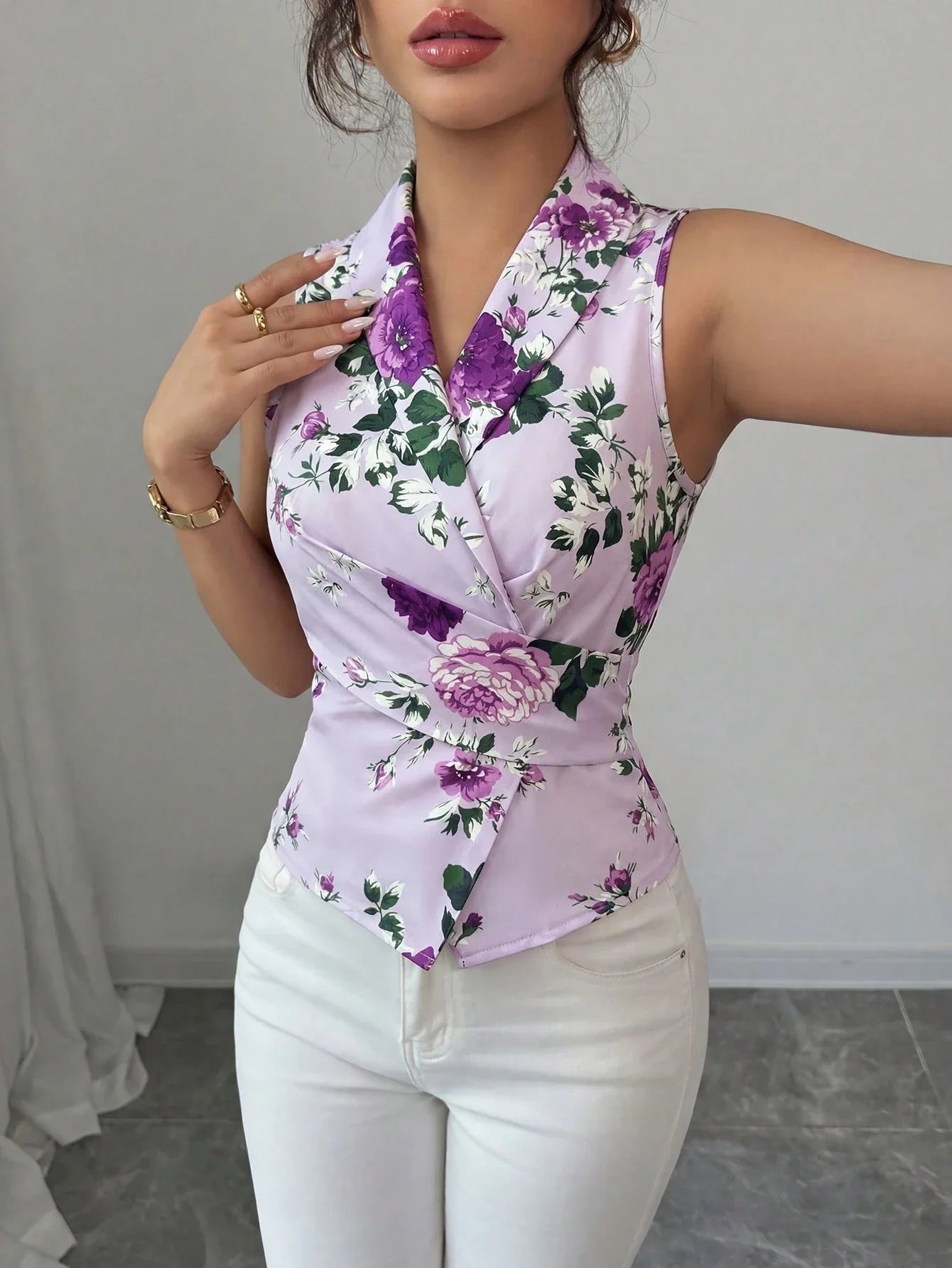 Women's Sleeveless V-Neck Tie Waist Bow Elegant Blouse shein