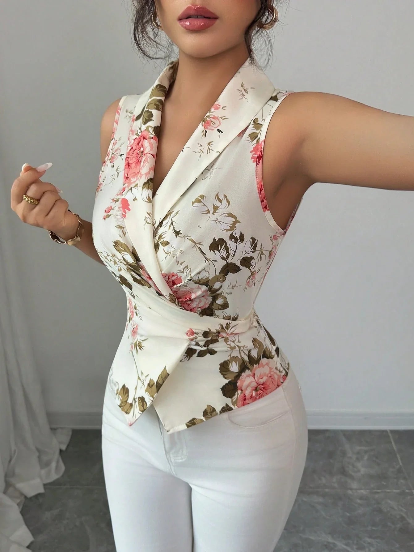 Women's Sleeveless V-Neck Tie Waist Bow Elegant Blouse shein
