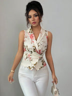 Women's Sleeveless V-Neck Tie Waist Bow Elegant Blouse shein