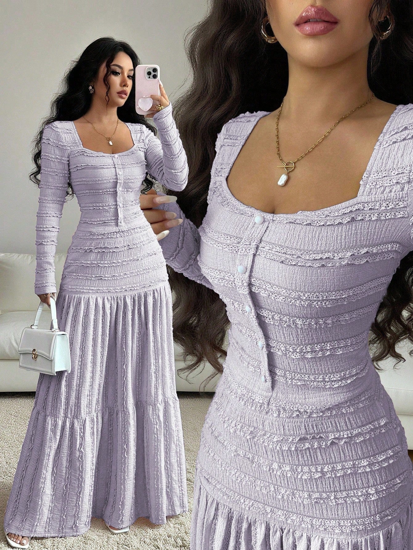 Vacation Style Long Sleeve Square Neck Button-Up Top With Paneled Design And Flared Skirt shein
