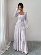 Vacation Style Long Sleeve Square Neck Button-Up Top With Paneled Design And Flared Skirt shein