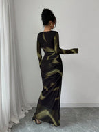 Women's Elegant Gradient Colored Print Mesh Ruffled Bodycon Maxi Dress shein