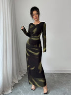 Women's Elegant Gradient Colored Print Mesh Ruffled Bodycon Maxi Dress shein