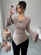 Cowl Neck Asymmetrical Shoulder Flared Long Sleeve Asymmetrical Hem Elastic Waist T-Shirt shein