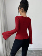 Cowl Neck Asymmetrical Shoulder Flared Long Sleeve Asymmetrical Hem Elastic Waist T-Shirt shein
