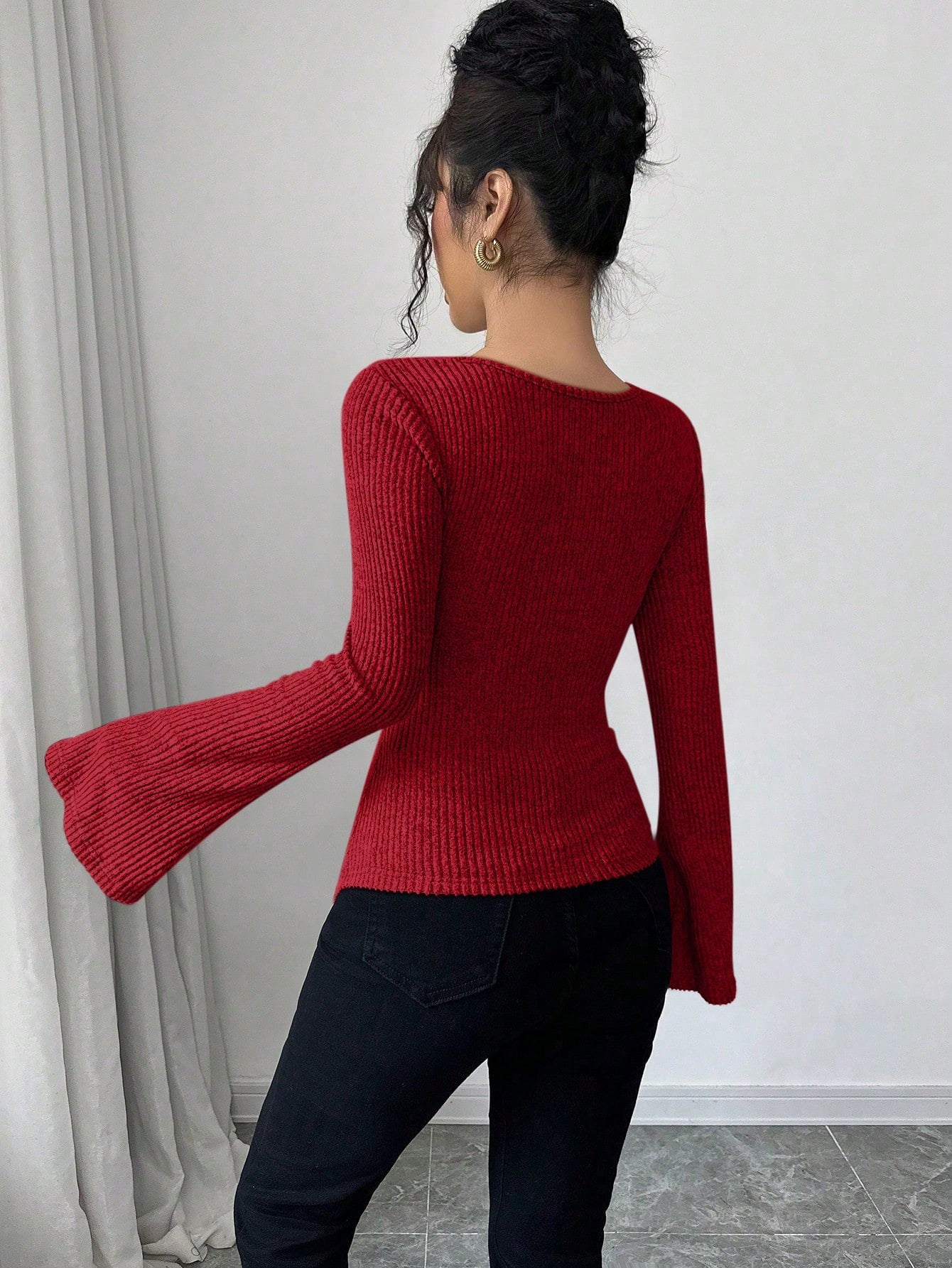 Cowl Neck Asymmetrical Shoulder Flared Long Sleeve Asymmetrical Hem Elastic Waist T-Shirt shein