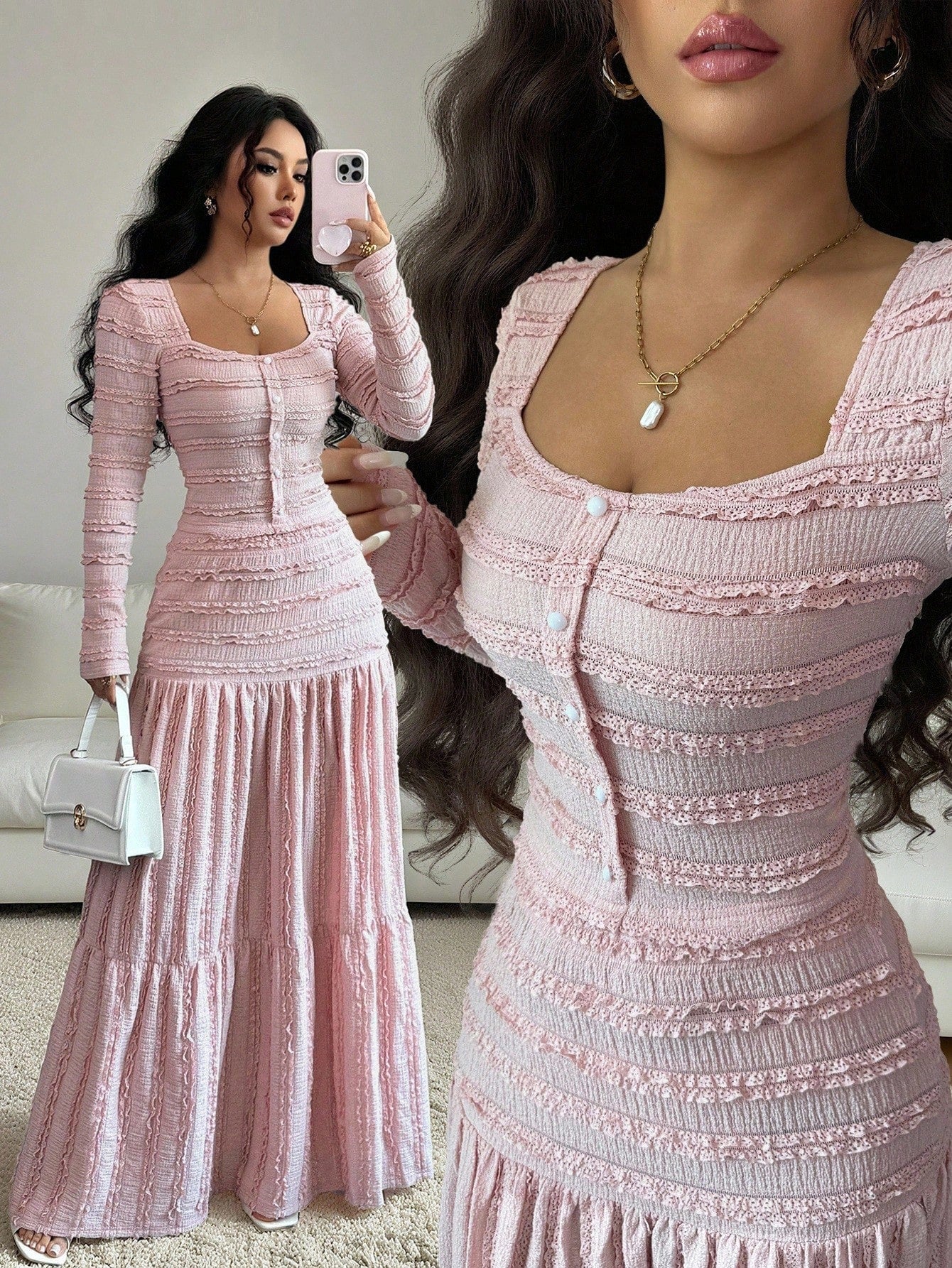 Vacation Style Long Sleeve Square Neck Button-Up Top With Paneled Design And Flared Skirt shein