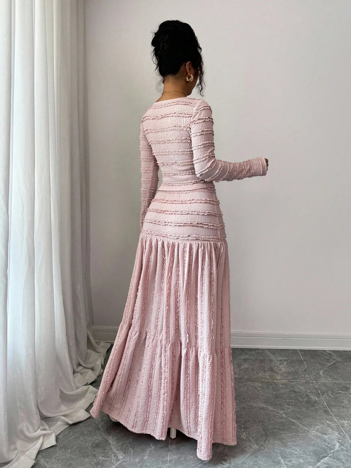 Vacation Style Long Sleeve Square Neck Button-Up Top With Paneled Design And Flared Skirt shein