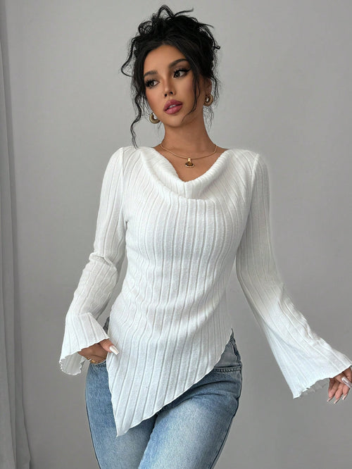 Elegant Ribbed Solid Color Asymmetric Hem Flare Sleeve T-Shirt shein
