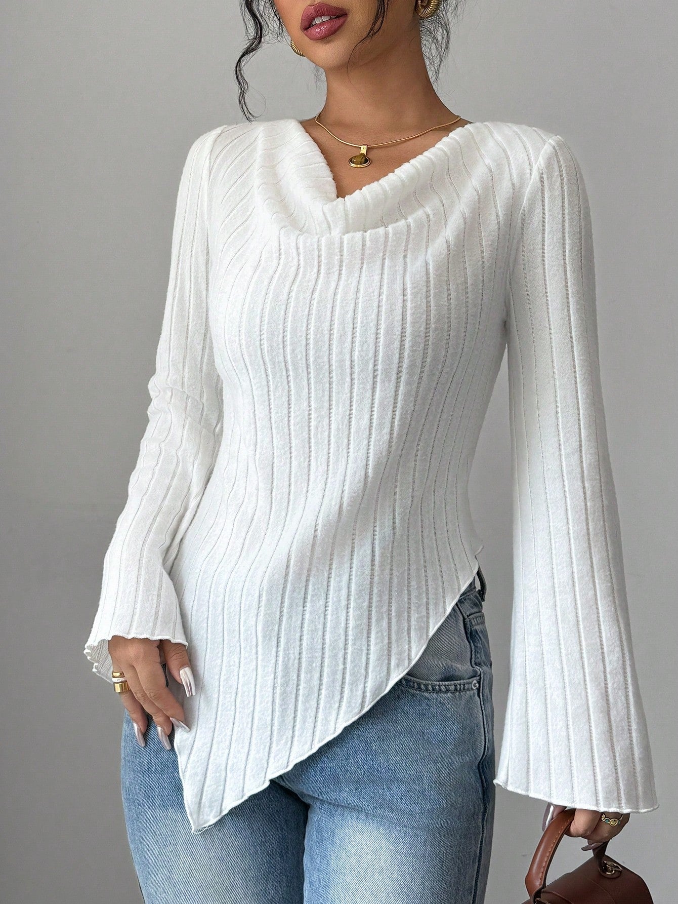 Elegant Ribbed Solid Color Asymmetric Hem Flare Sleeve T-Shirt shein